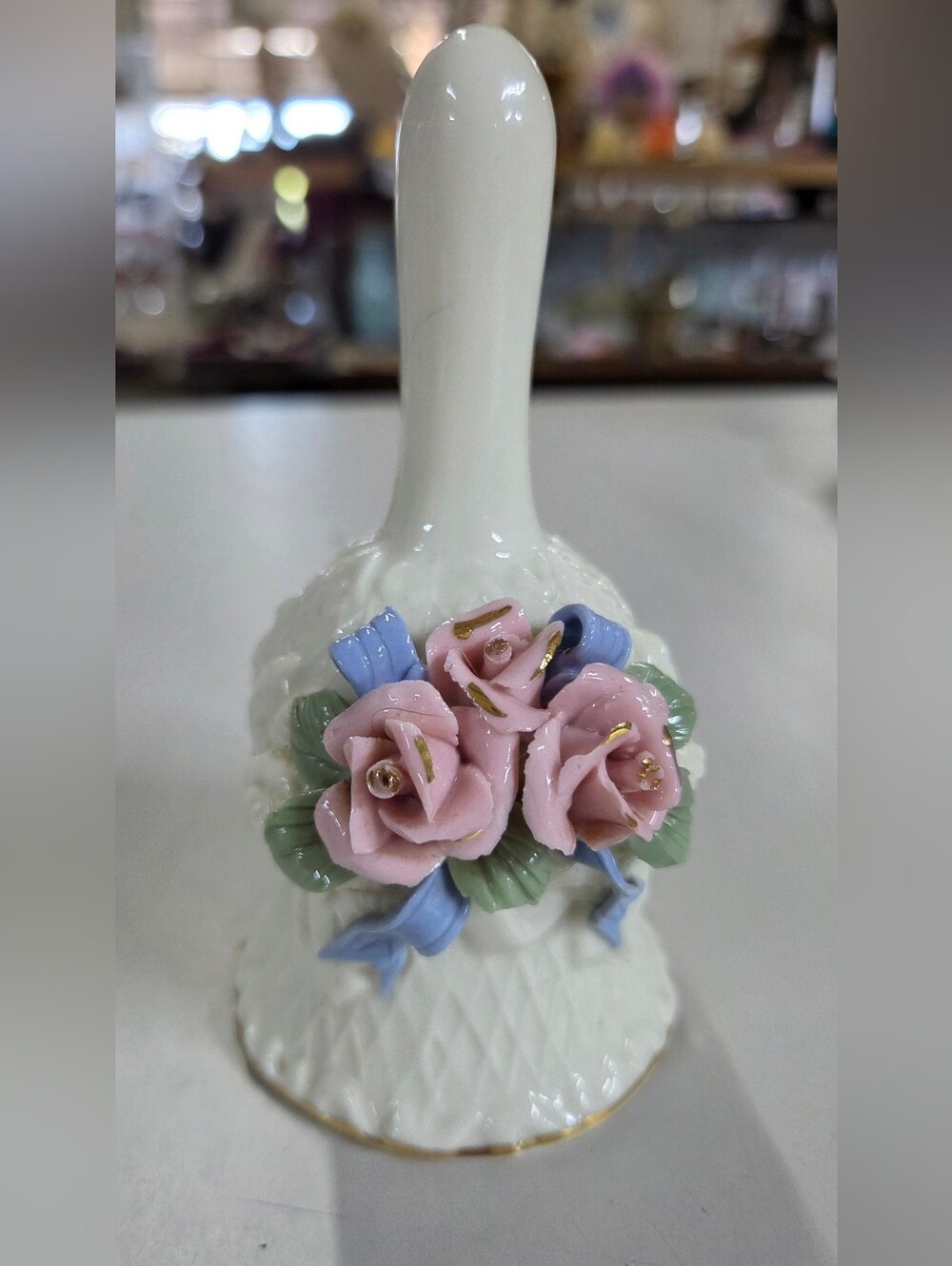Ceramic Floral Bell Pink Roses Gold Trim Blue Bow